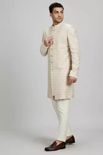 Off white woven silk sherwani jacket