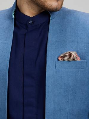 Blue matka silk woven bandhgala jacket 2