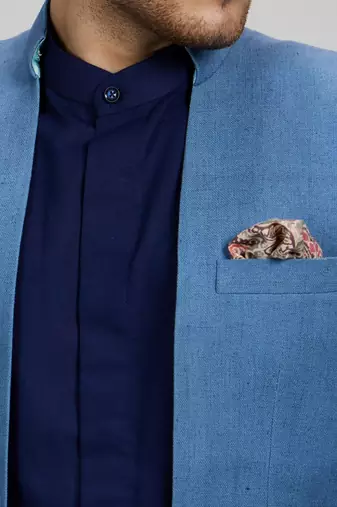 Blue matka silk woven bandhgala jacket