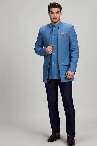 Blue matka silk woven bandhgala jacket