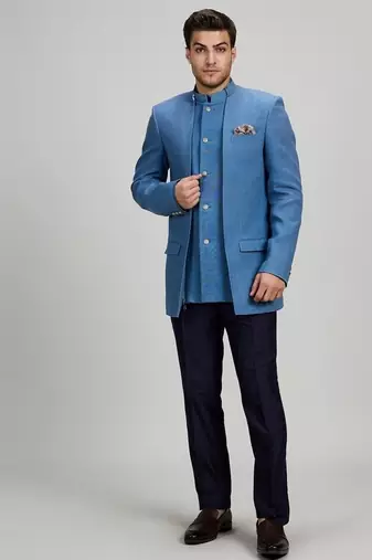 Blue matka silk woven bandhgala jacket