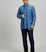 Blue matka silk woven bandhgala jacket