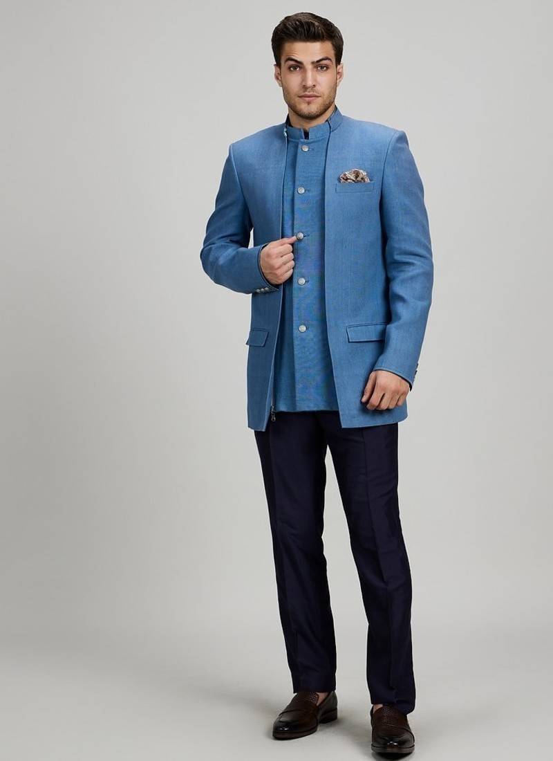 Blue matka silk woven bandhgala jacket
