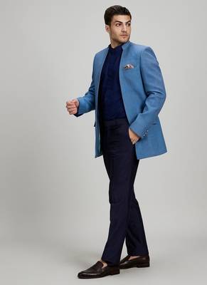 Blue matka silk woven bandhgala jacket 3
