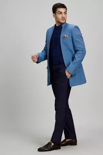 Blue matka silk woven bandhgala jacket