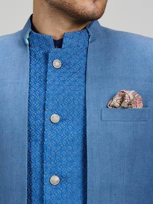 Blue matka silk woven bandhgala jacket 2