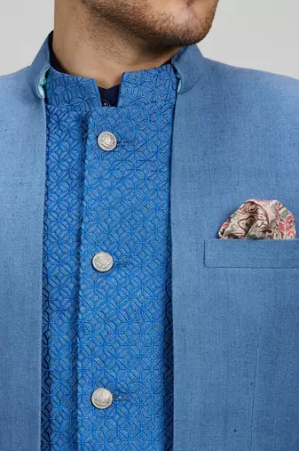 Blue matka silk woven bandhgala jacket