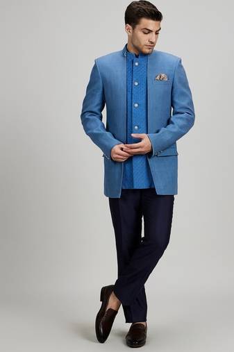 Blue matka silk woven bandhgala jacket