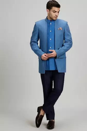 Blue matka silk woven bandhgala jacket
