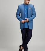 Blue matka silk woven bandhgala jacket