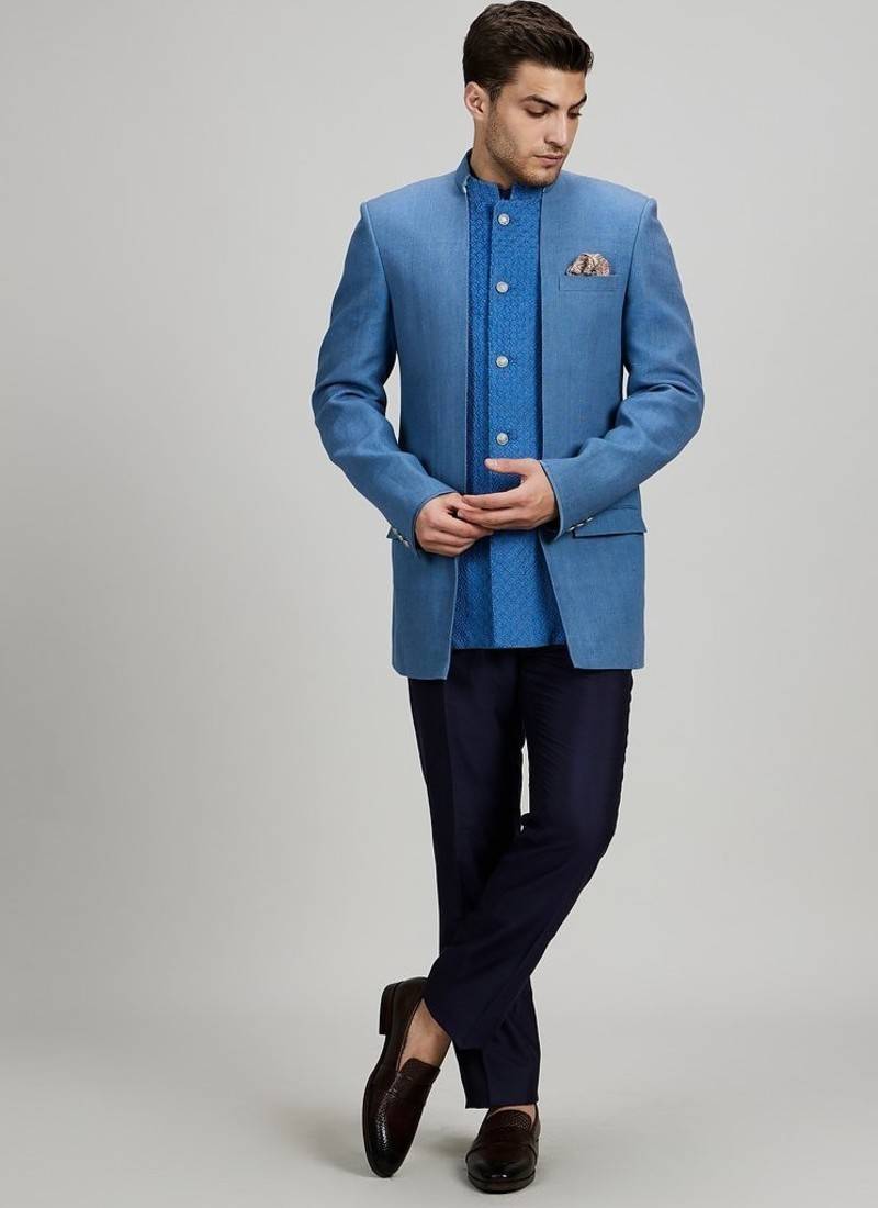 Blue matka silk woven bandhgala jacket