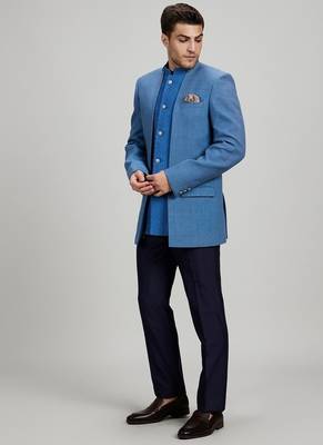 Blue matka silk woven bandhgala jacket 3