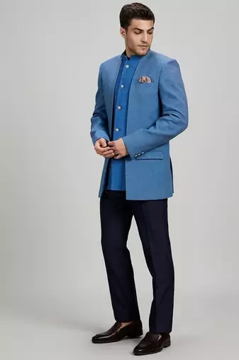 Blue matka silk woven bandhgala jacket