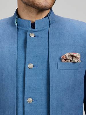 Blue matka silk woven bandhgala jacket 2