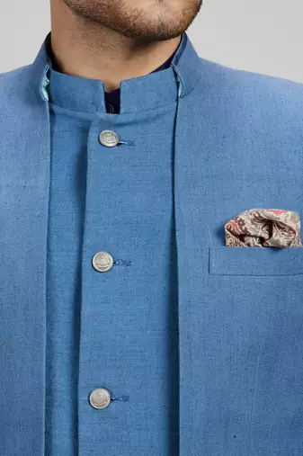 Blue matka silk woven bandhgala jacket