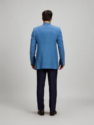 Blue matka silk woven bandhgala jacket 4
