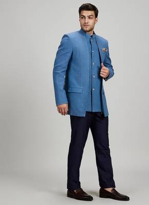 Blue matka silk woven bandhgala jacket 3