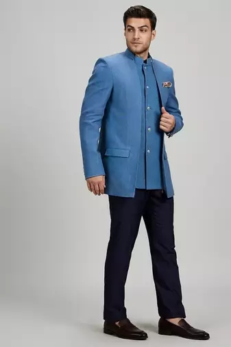 Blue matka silk woven bandhgala jacket