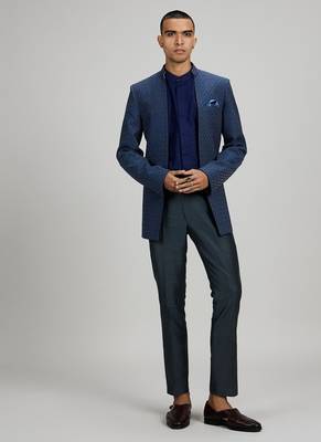 Dark blue plain woven bandhgala jacket 1
