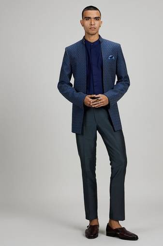 Dark blue plain woven bandhgala jacket
