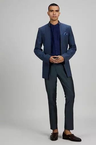 Dark blue plain woven bandhgala jacket