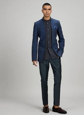 Dark blue plain woven bandhgala jacket 1