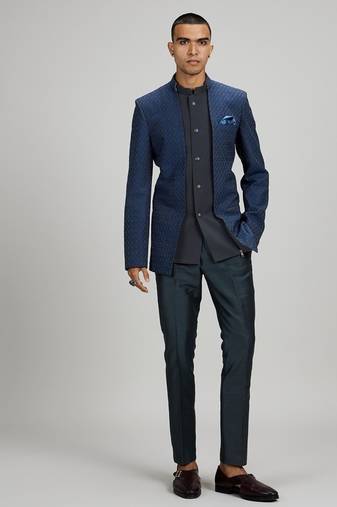 Dark blue plain woven bandhgala jacket