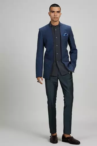 Dark blue plain woven bandhgala jacket