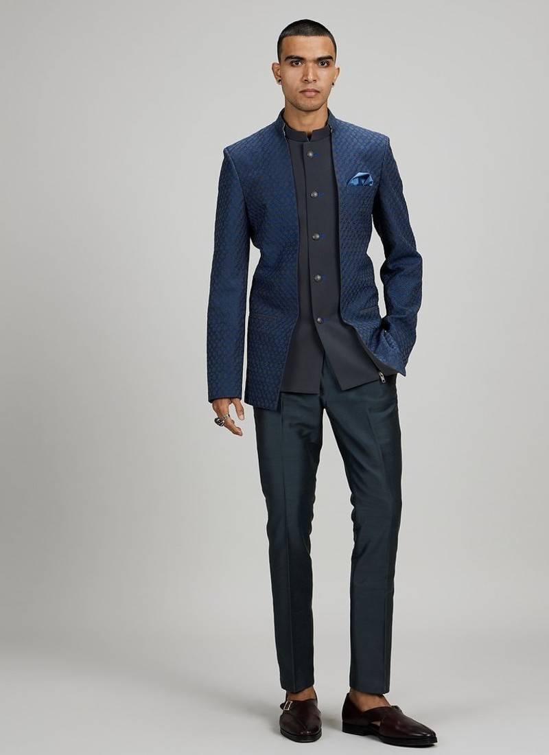 Dark blue plain woven bandhgala jacket