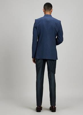 Dark blue plain woven bandhgala jacket 2