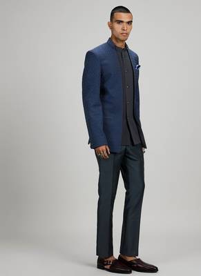 Dark blue plain woven bandhgala jacket 3