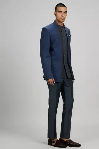 Dark blue plain woven bandhgala jacket