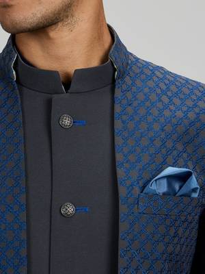 Dark blue plain woven bandhgala jacket 4