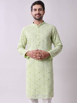 Men's floral embroidered mandarin collar chikankari georgette kurta 1