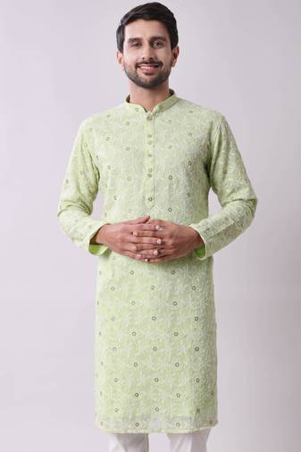 Men's floral embroidered mandarin collar chikankari georgette kurta