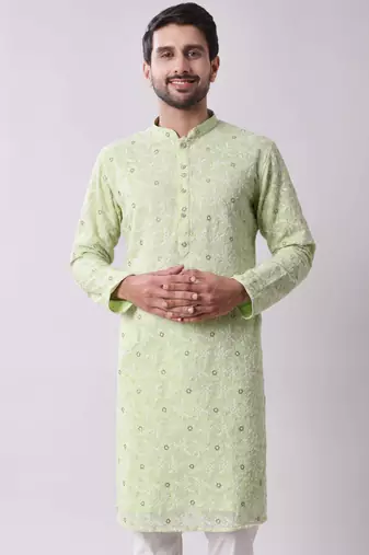 Men's floral embroidered mandarin collar chikankari georgette kurta