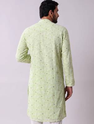 Men's floral embroidered mandarin collar chikankari georgette kurta 3