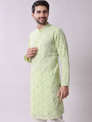 Men's floral embroidered mandarin collar chikankari georgette kurta 4