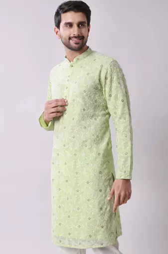 Men's floral embroidered mandarin collar chikankari georgette kurta