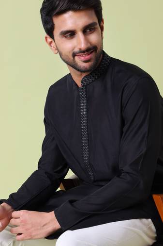 Mandarin collar straight cotton silk kurta