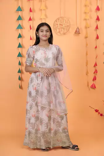 Glamour Heavy Fox Georgette Cream Gown With Digital Print work With Embroidered Sequins work 