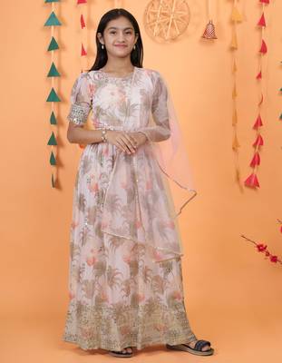 Cream Digital Print gown With Embroidered Sequins  2