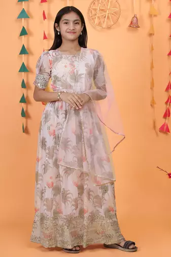 Glamour Heavy Fox Georgette Cream Gown With Digital Print work With Embroidered Sequins work 