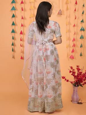 Cream Digital Print gown With Embroidered Sequins  3