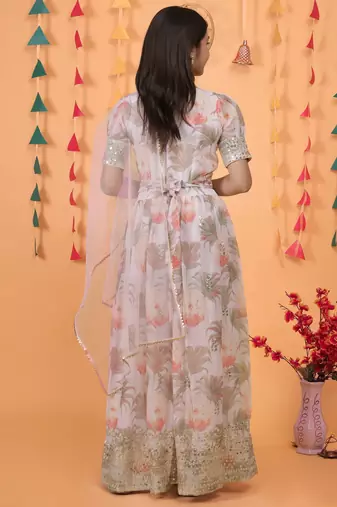 Cream Digital Print gown With Embroidered Sequins 