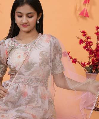Cream Digital Print gown With Embroidered Sequins  4