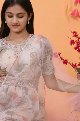 Cream Digital Print gown With Embroidered Sequins 