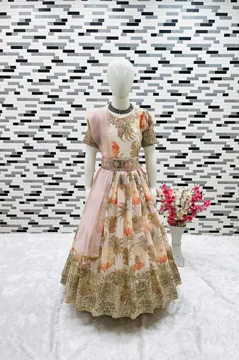 Cream Digital Print gown With Embroidered Sequins 