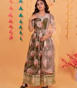  Green Digital Print Gown With Embroidered Sequins