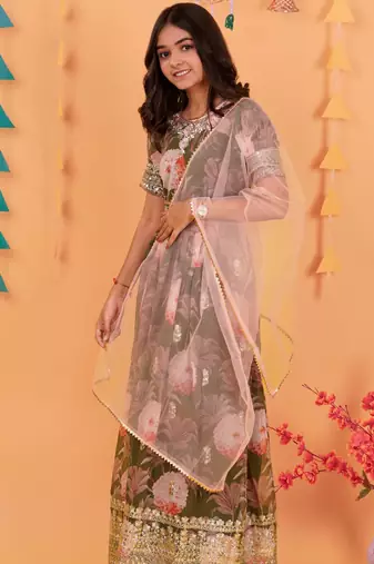  Green Digital Print Gown With Embroidered Sequins